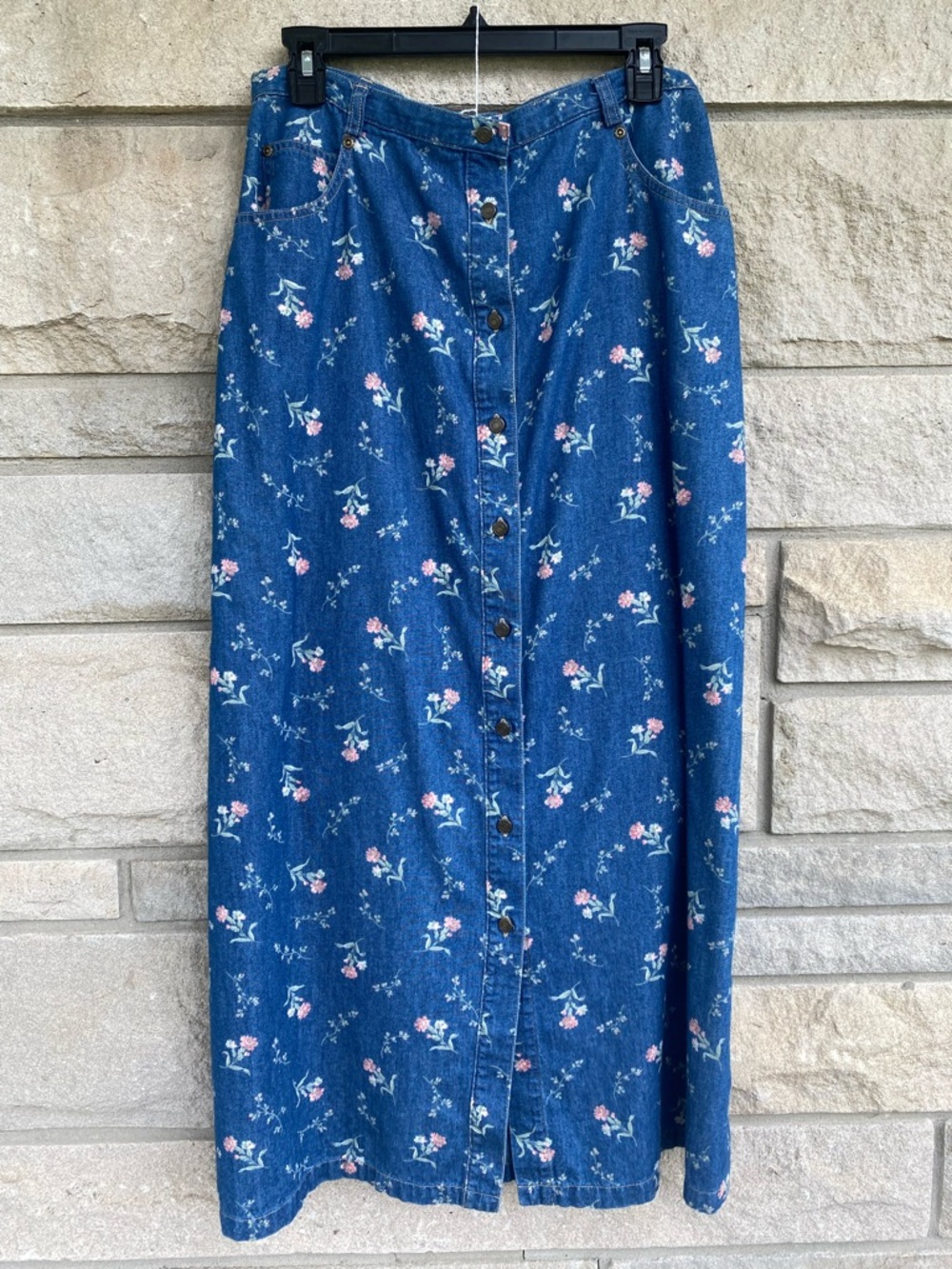 Vtg Medium Wash Floral Denim MIDI Button Cottage Prairie Whimsy Western Skirt 12
